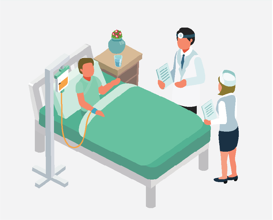 Graphic of a man in a hospital bed with a doctor and a nurse speaking with him.