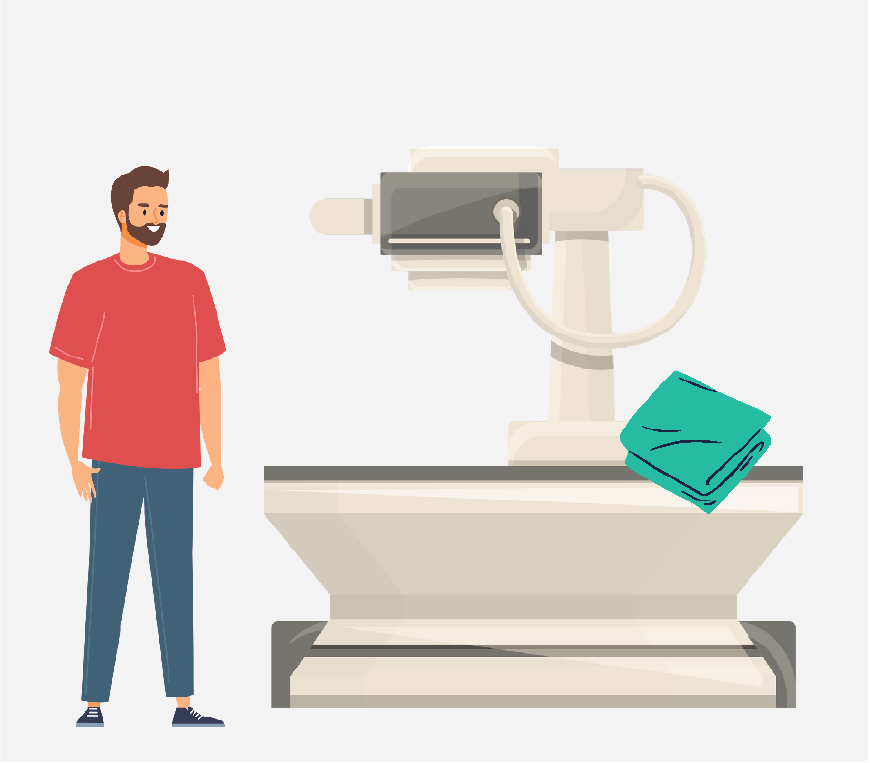 Graphic of a man standing next to the X-ray machine, he is wearing his normal clothes.