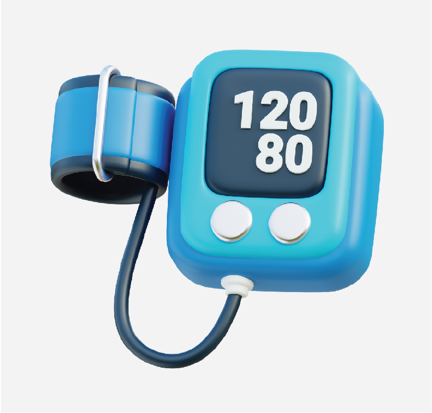 Graphic of a blood pressure monitor with the numbers 120/80 on its screen.