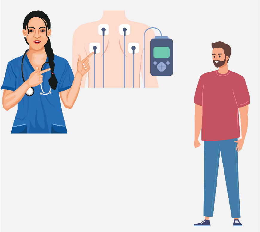 Graphic of a nurse removing electrodes from a man's chest. Next, the man is dressed in his normal clothes, he is done.
