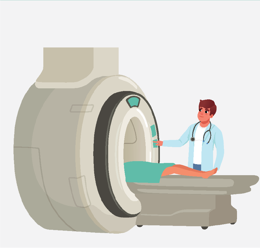 Graphic of an MRI Technician operating the machine while a patient lays on the MRI Bed.