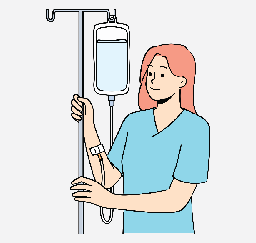 Graphic of a woman walking round with an IV bad on a pole. There is a small tube connecting the bag to her arm.
