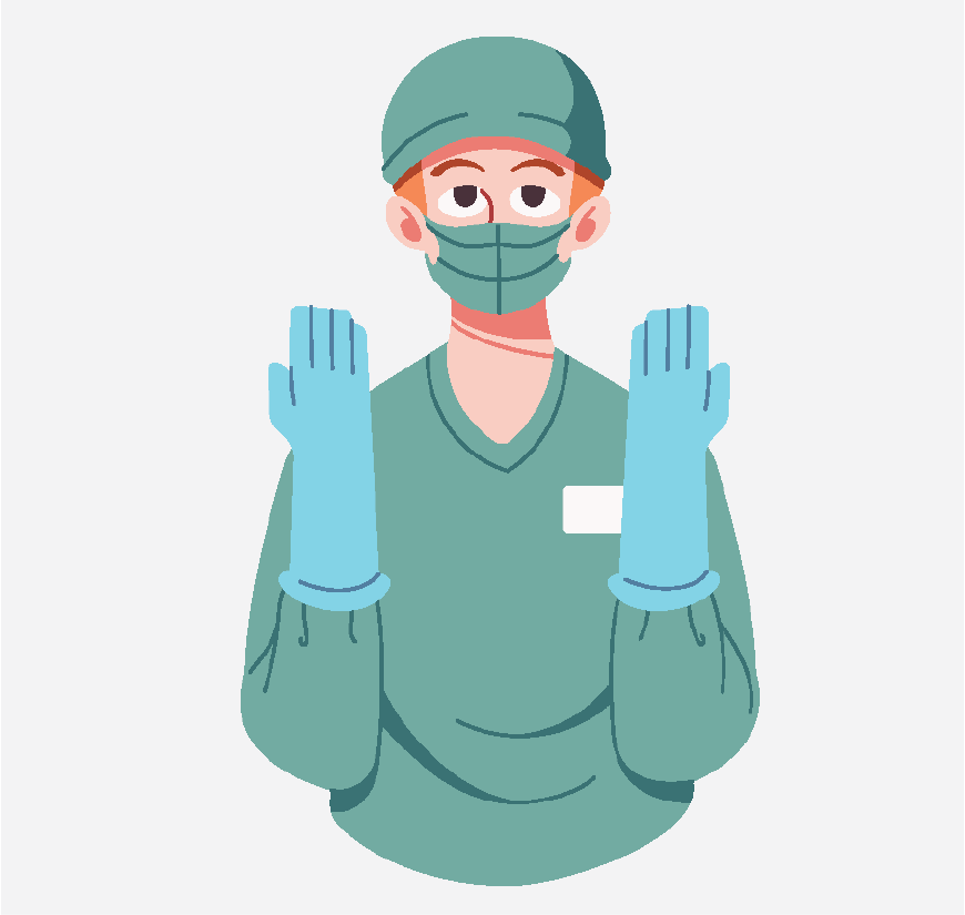 Graphic of a surgeon, they have blue gloves on and their are holding their hands in the air.