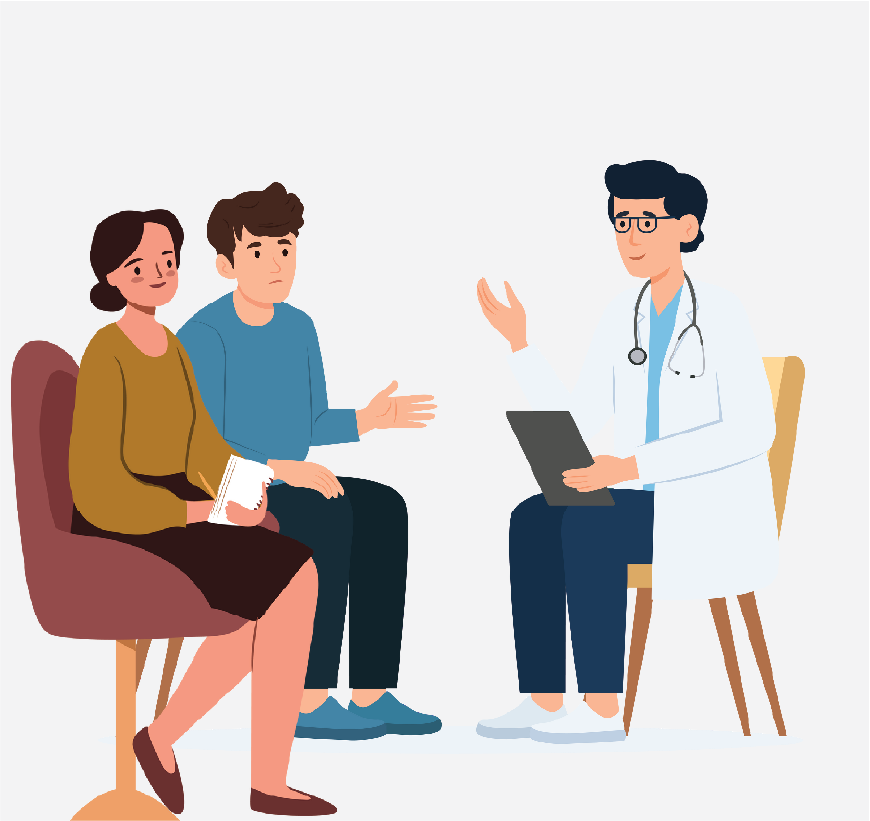 Graphic of a patient talking with doctor, his mother is present.