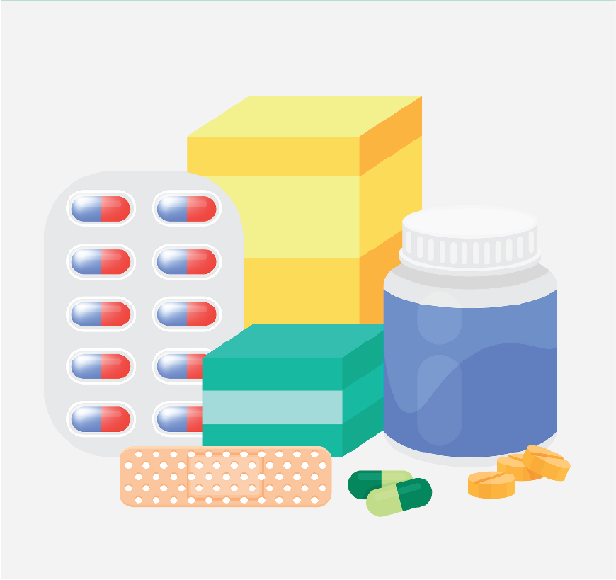 Graphic of medicine pills and liquid.