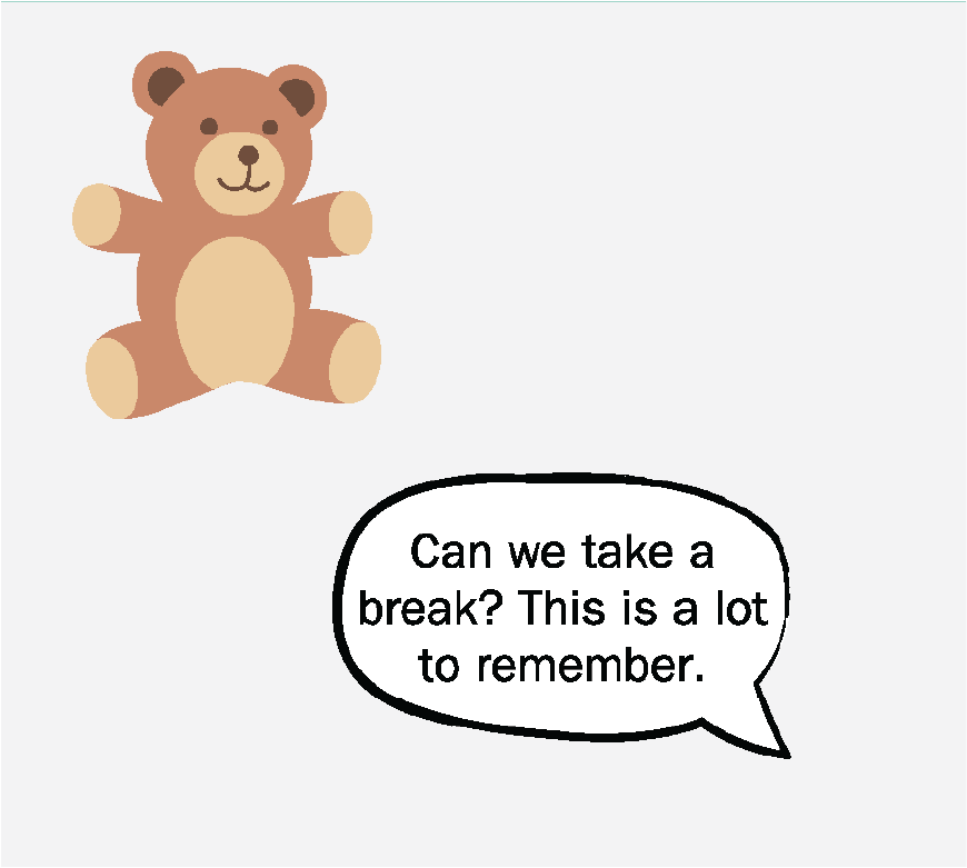 Graphic of a Teddy Bear and a text bubble that says 