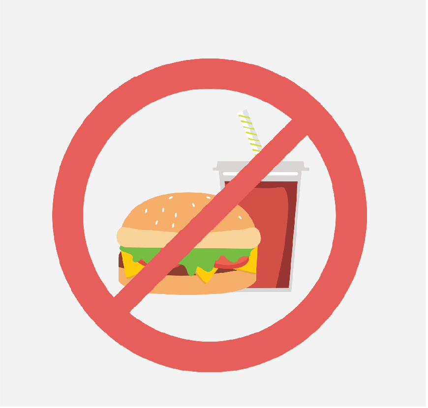 Graphic of food and a drink with a circle around it with a line through it.