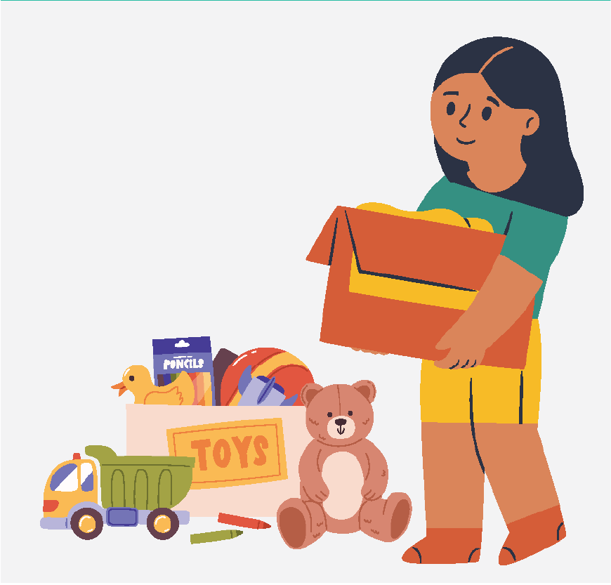 Graphic of a girl unpacking boxes in her room, she is happy to see her things again.