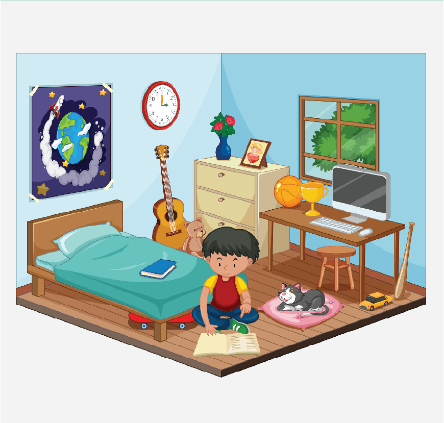 Graphic of a boy sitting in his new room with everything unpacked around him. He is happy.