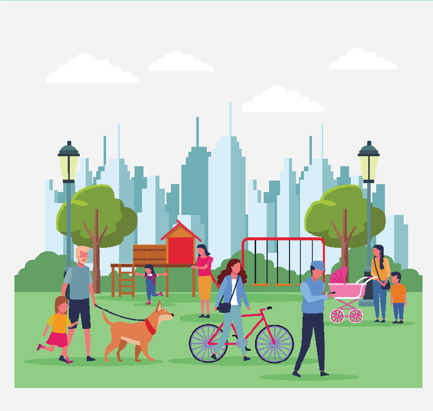 Graphic of a park and a city, people are walking dogs and riding bikes.