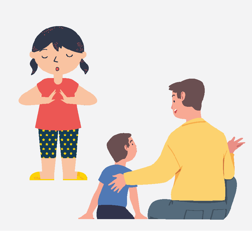 Graphic of a girl taking deep breaths and of a boy and a man talking calmly.