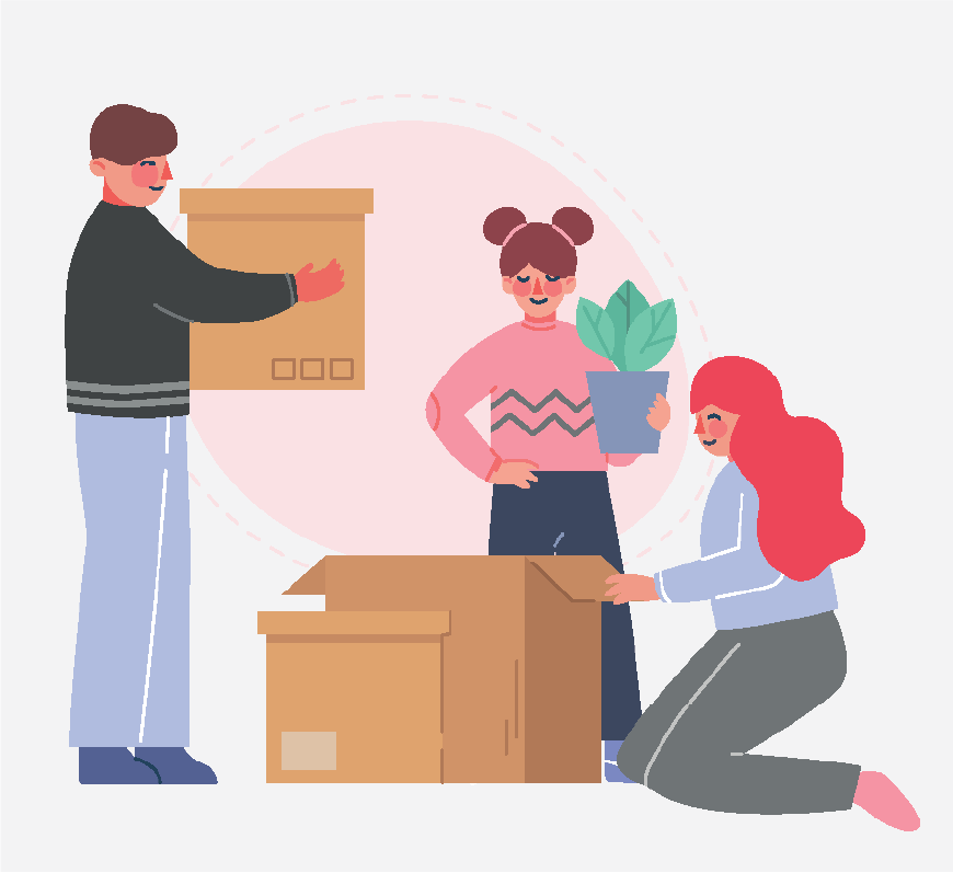 Graphic of a family packing up cardboard boxes, getting ready for the move.