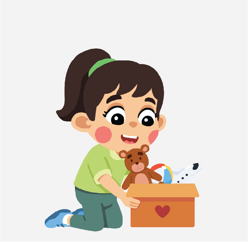Graphic of a girl packing a cardboard box with her things, she is helping out.
