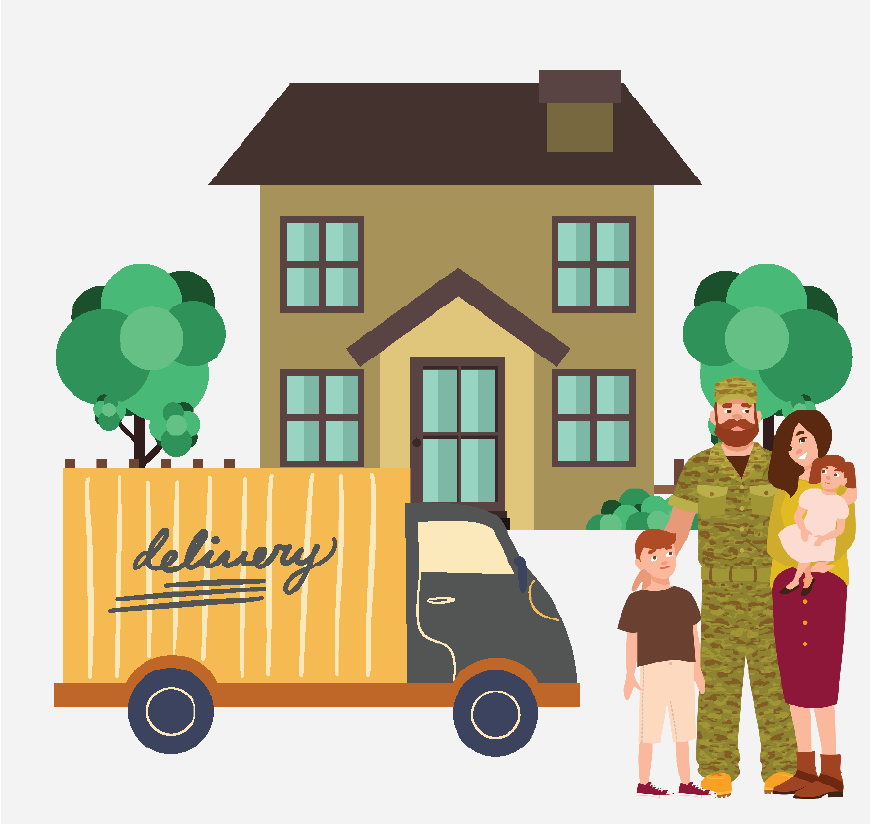 Graphic of a moving truck arriving a the new house, the family is waiting to unpack.