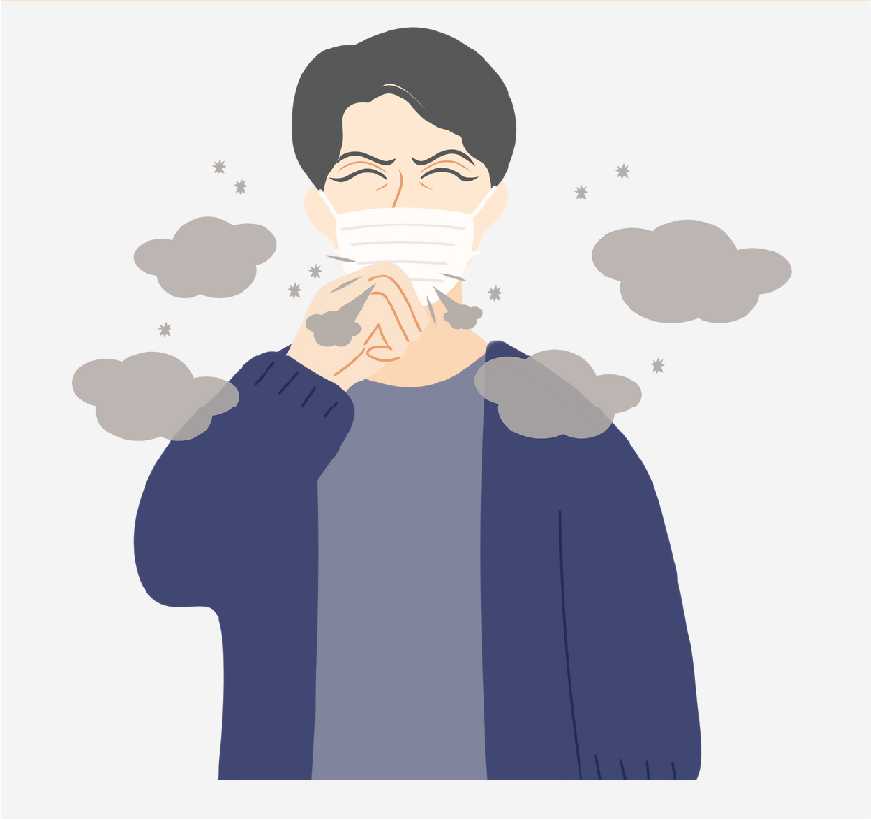 Graphic of a man breathing through a mask, he is surrounded by smoke.