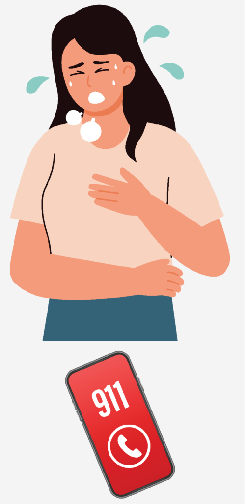 Graphic of a woman coughing thee is also a cell phone dialing 911.