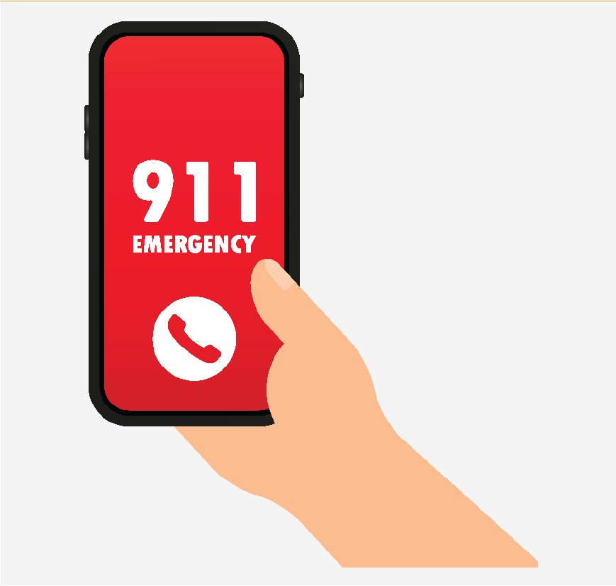 Graphic of a phone with 911 on it, the hand is dialing it to get help.