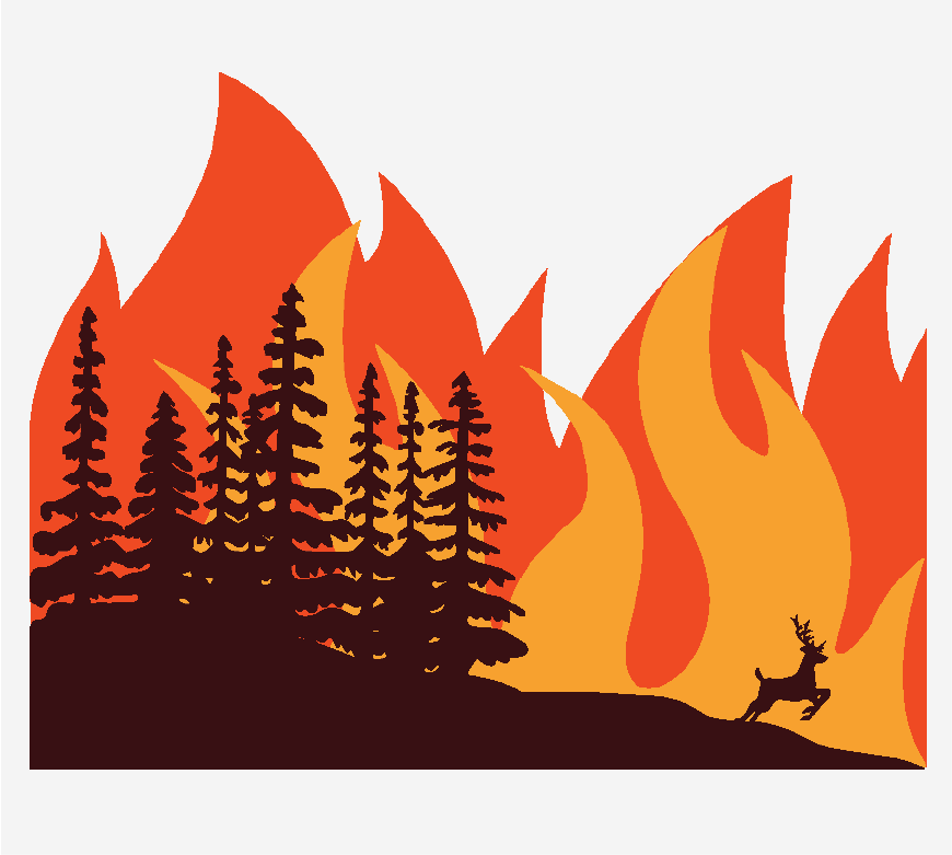 Graphic of a forest that is on fire, a deer is running away.