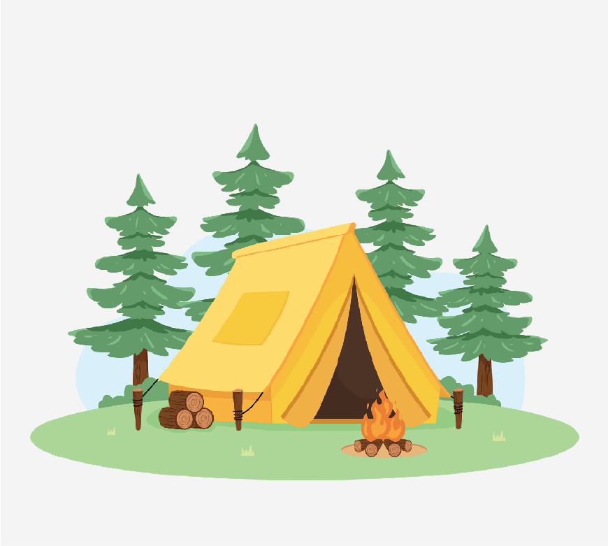 Graphic of a tent with a camp fire in front of it.