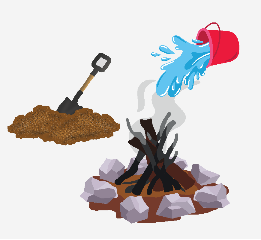 Graphic of a fire being put out with a bucket of water, there is a pile of dirt in the background.