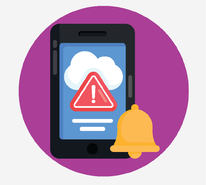 Graphic of a phone with a weather alert on in, the phone is making noise.