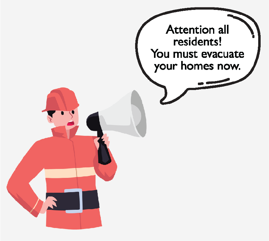 Graphic of a fire fighter with a blowhorn, he is saying 