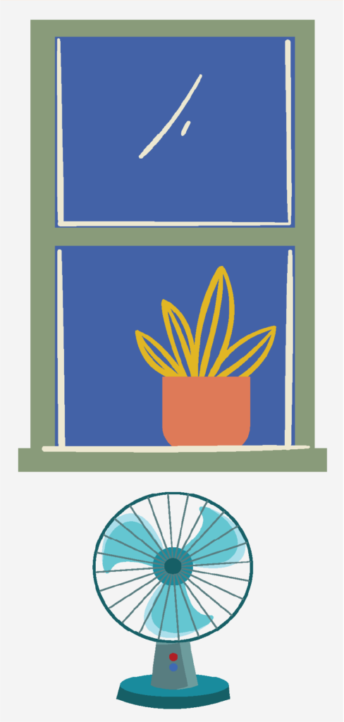 Graphic of a plant in a window, there is a fan that is circulating air.
