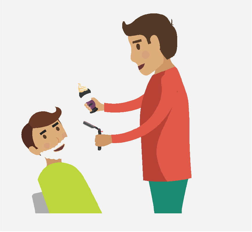 Graphic of a barber placing foam on a mans face, he is getting ready to us a straight-edge on his face.