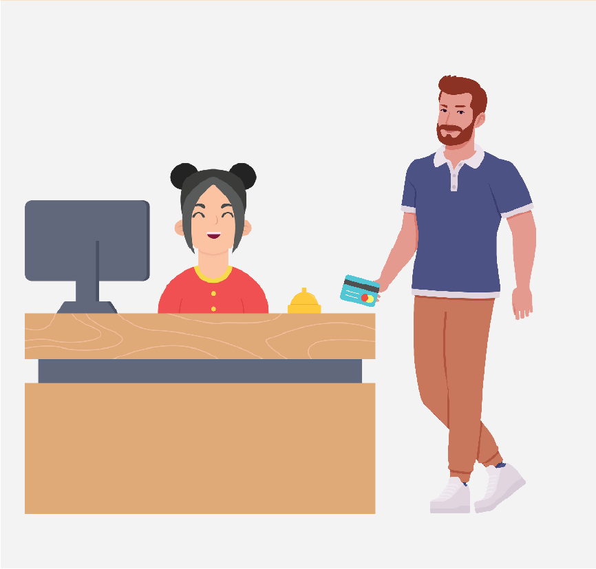 Graphic of a man checking out with the receptionist, he is paying for his hair cut.