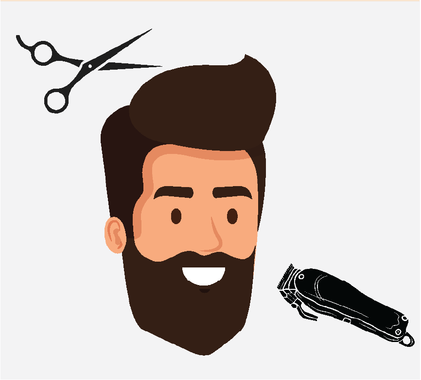 Graphic of a man with nice hair, there is a scissor and an electric clipper.
