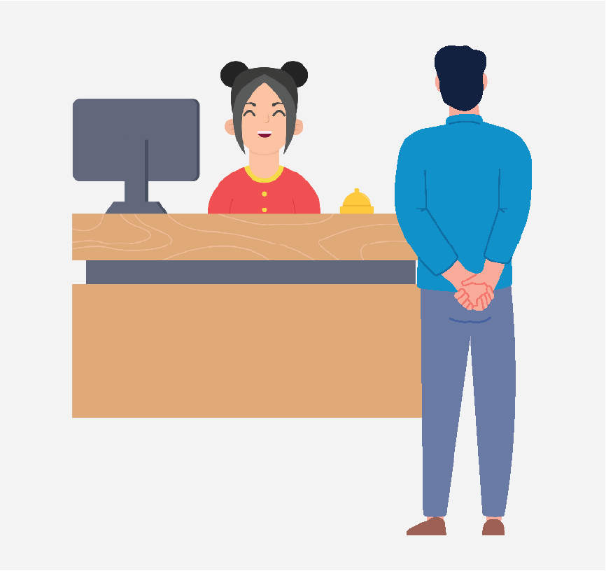 Graphic of a man checking in with the receptionist at the barber shop.