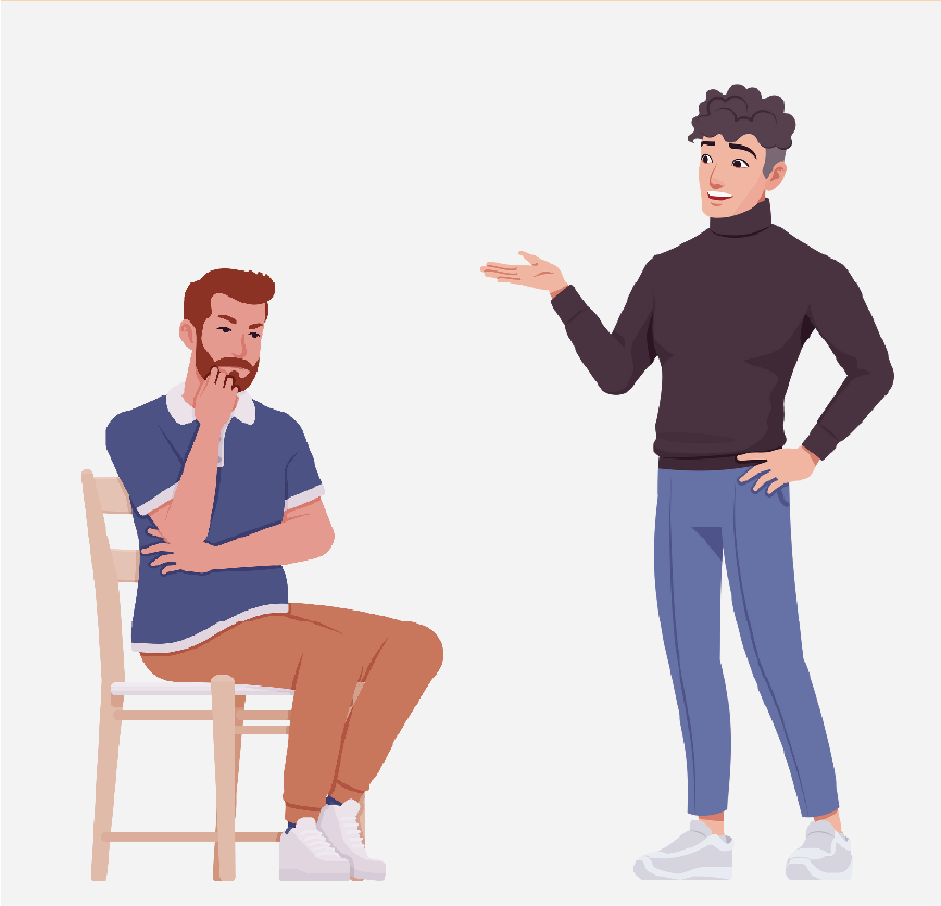 Two men are sitting in a waiting room, they are talking while they wait.