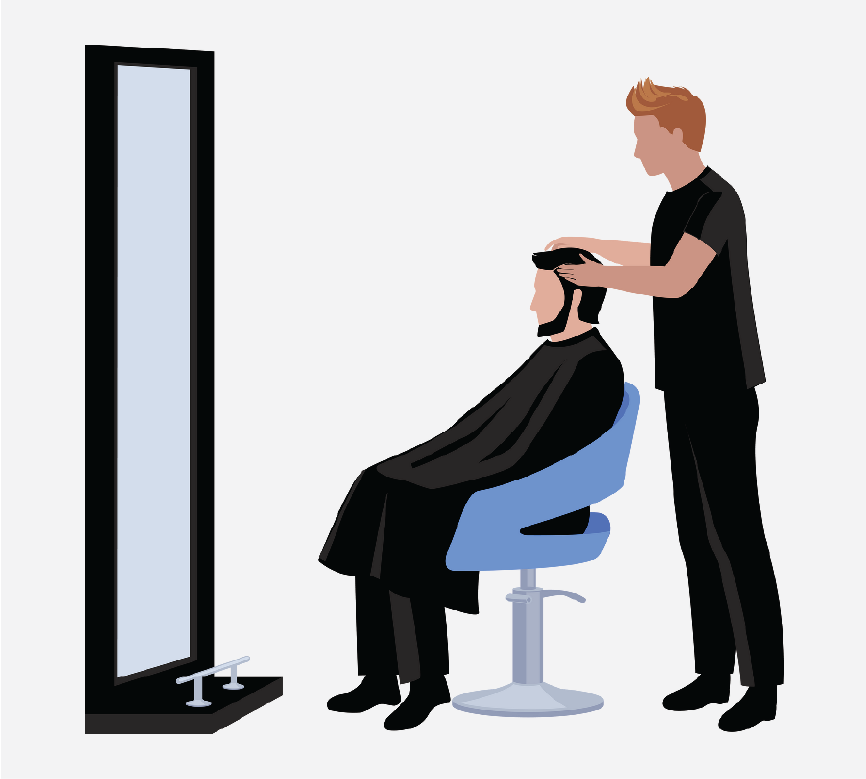 Graphic of a man sitting in a comfortable chair, the barber is touching his hair.