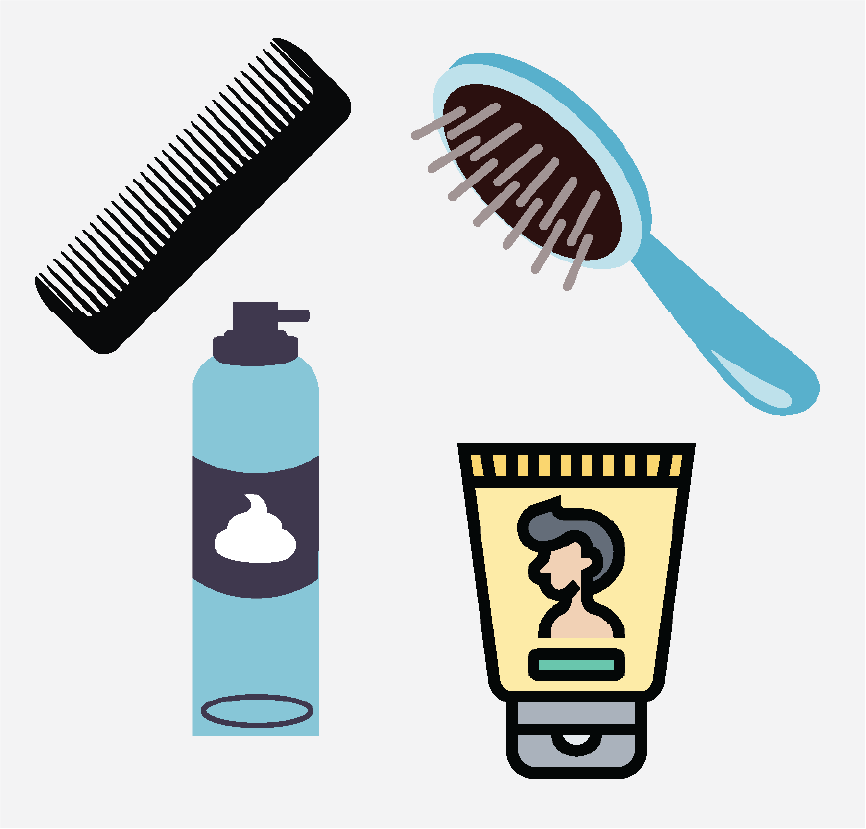 Graphic of some hair care products, there is a comb, brush, spray and moose.