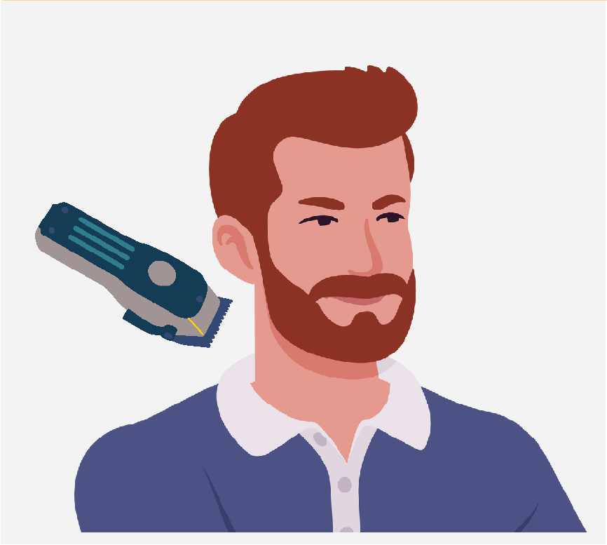 Graphic of a man sitting in a chair, the barbe is placing an electric razor near his head.