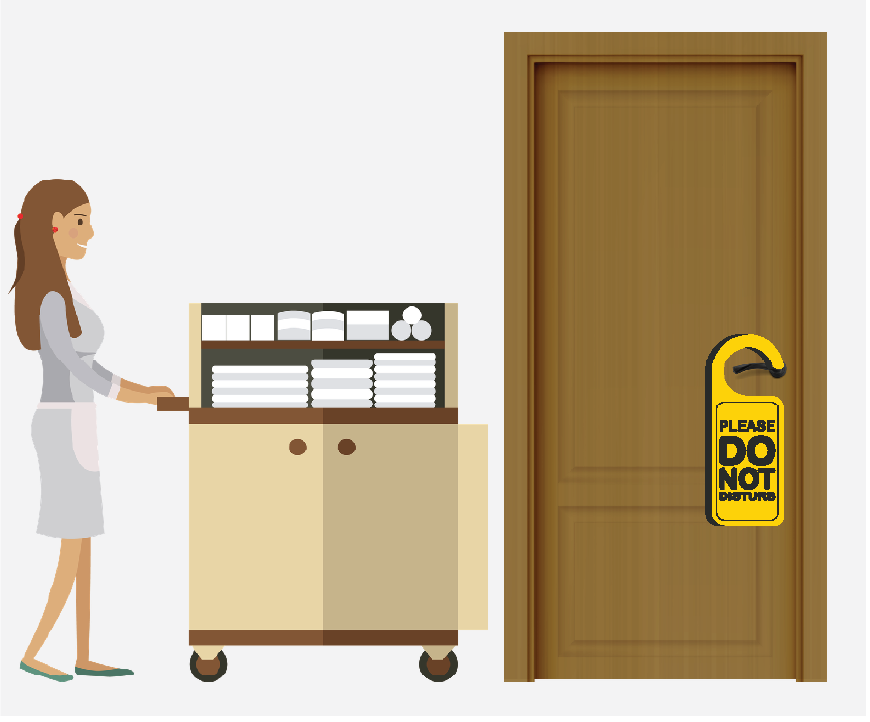 Graphic of a hotel worker pushing a cart near a door. The door has a sign on it that says 