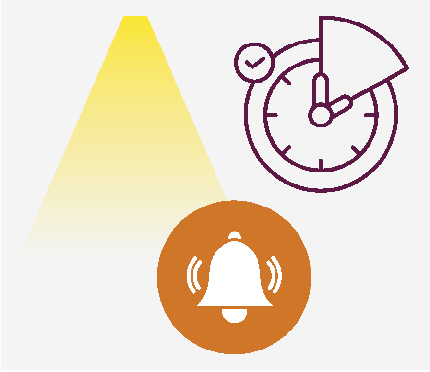 Graphic of lights flashing, a clock and a bell making a sound.