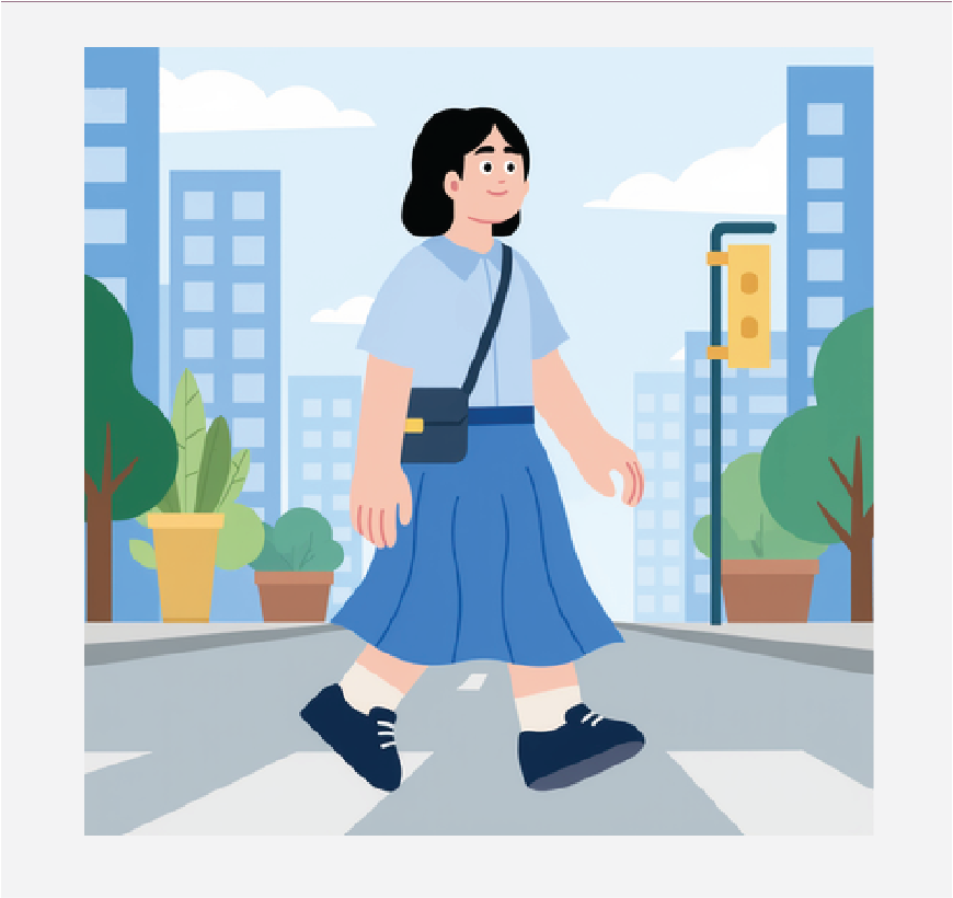 Graphic of a woman walking in the city, she looks happy.