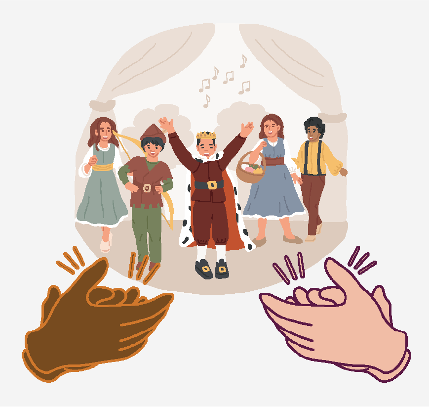 Graphic of performers bowing on the stage, people are clapping.