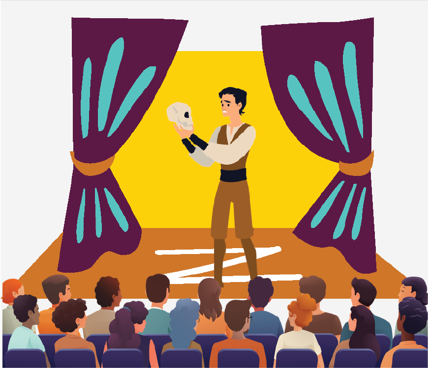 Graphic of people attending a theater performance, there is an actor on the stage.