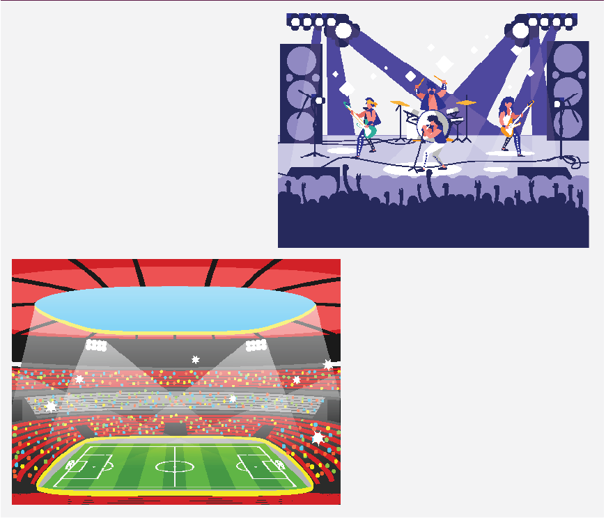Graphic of a sporting event and of a music concert. both events are in large stadiums.