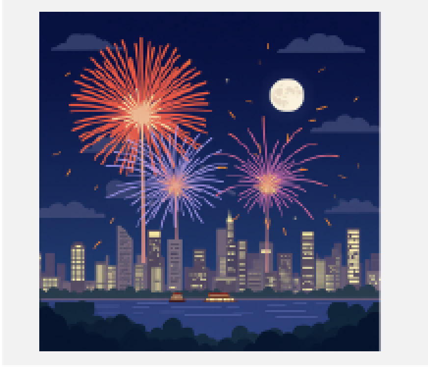 Graphic of a city scape with fireworks over top of it.