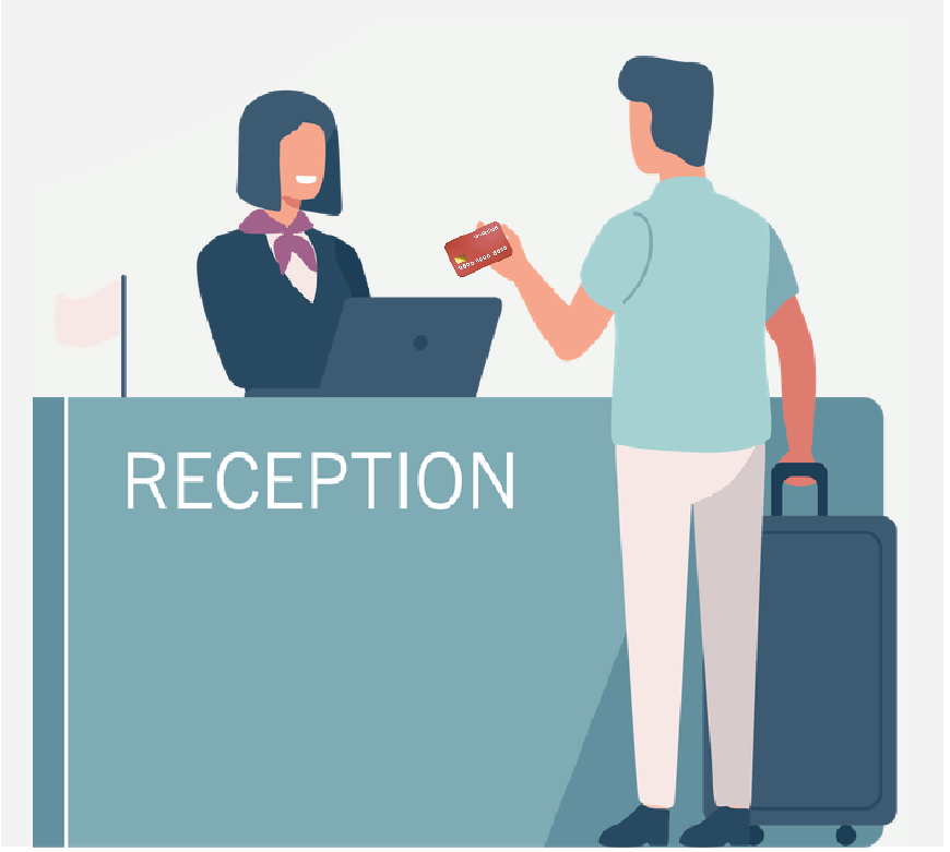 Graphic of a man checking in at a receptionist desk, he is handing a credit card to the worker.
