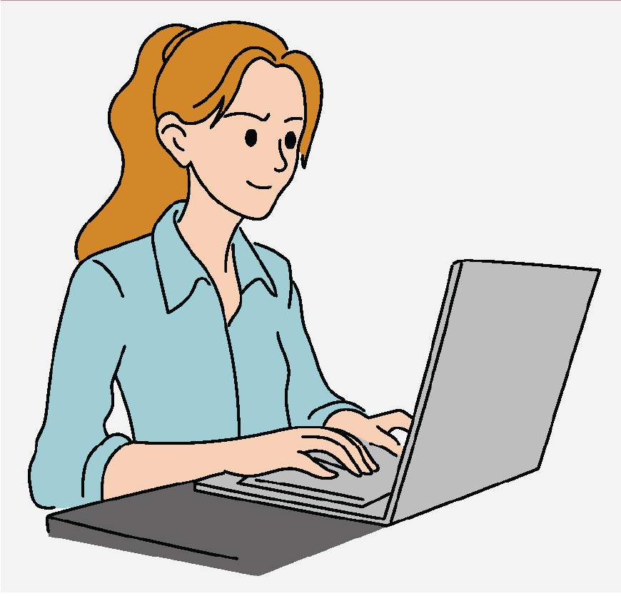 Graphic of a girl working on a laptop computer.