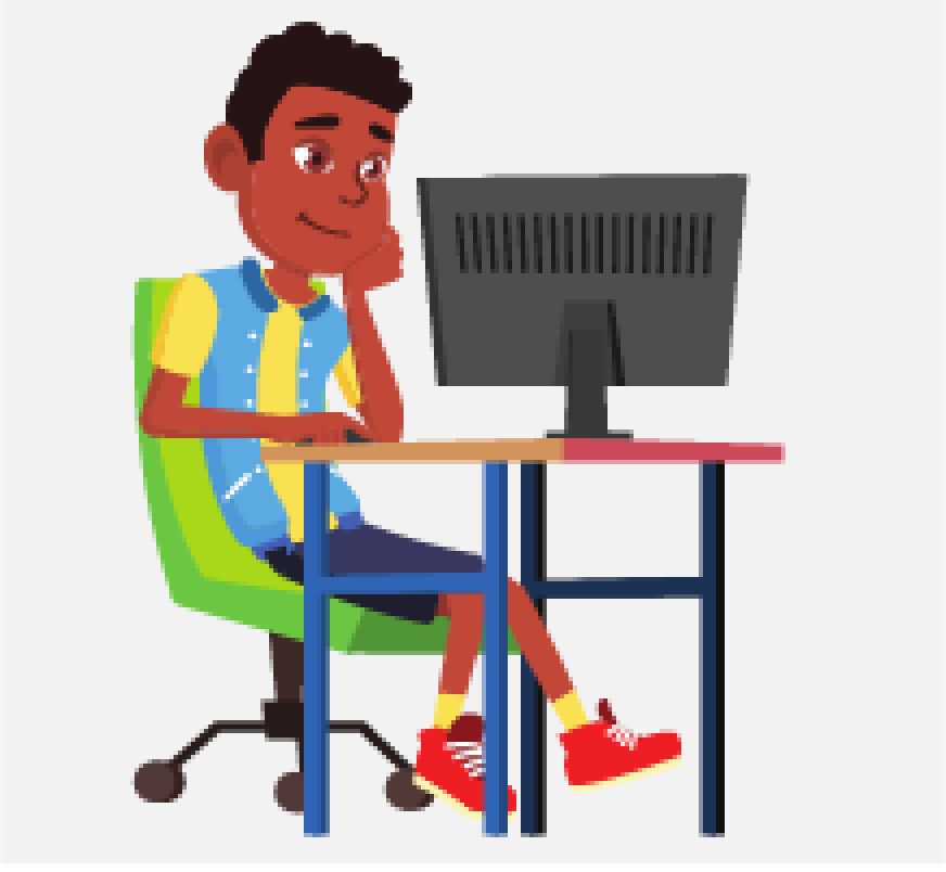 Graphic of a boy sitting at a table looking at his computer.