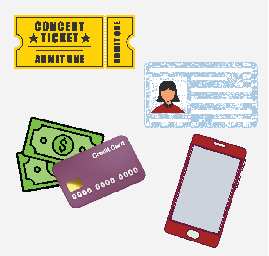 Graphic of concert tickets, a photo ID, a phone and some money.
