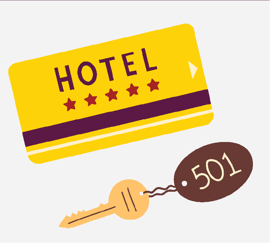 Graphic of a hotel key card, and a metal room key.