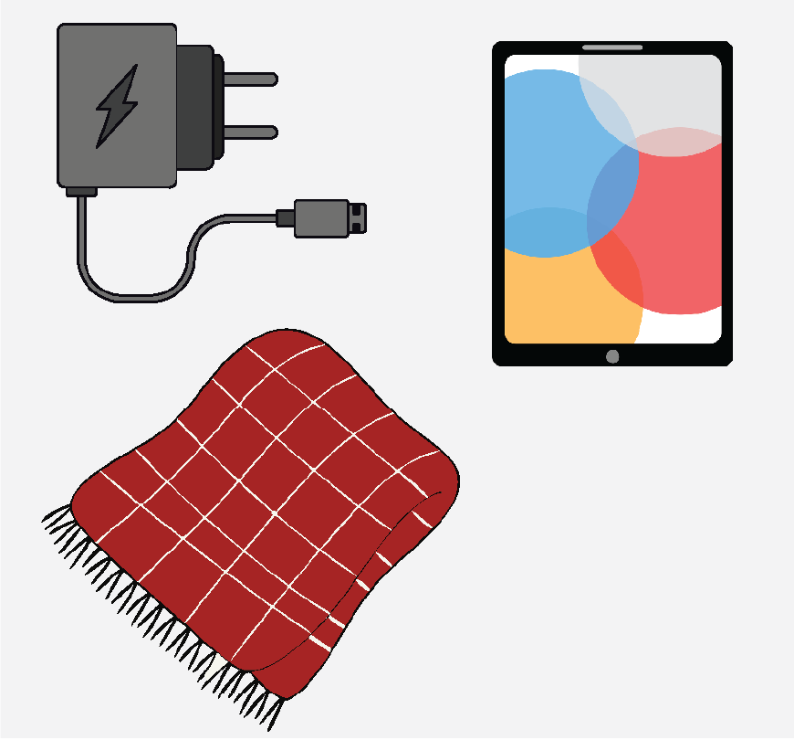 Graphic of an iPad with a charger and a blanket.