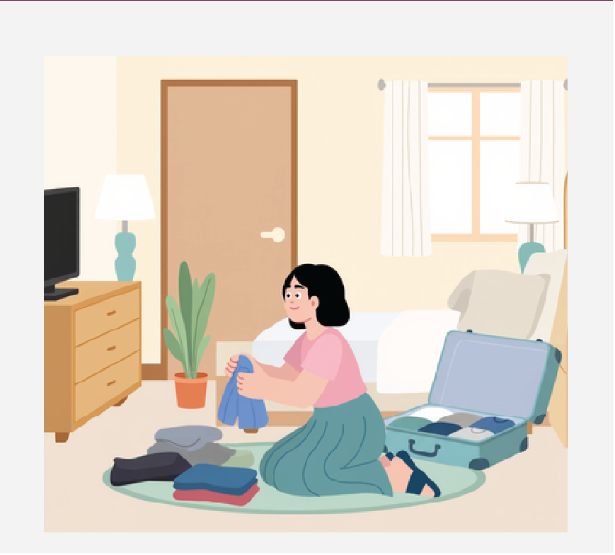 Graphic of a woman sitting on the floor in her hotel room, she is unpacking her suitecase.