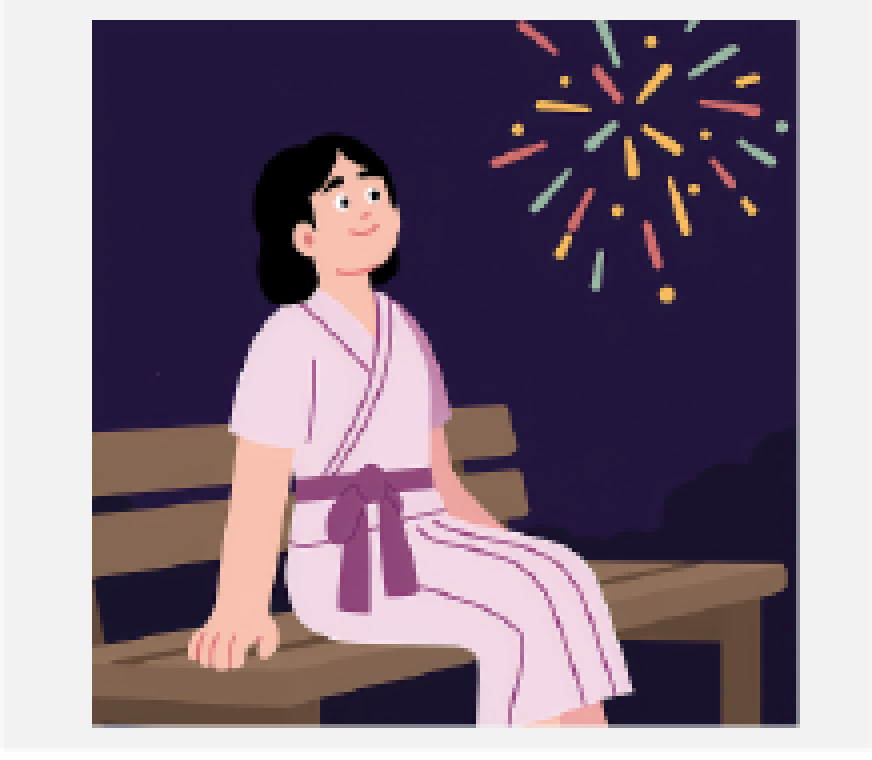 Graphic of a woman sitting on a park bench watching fireworks.